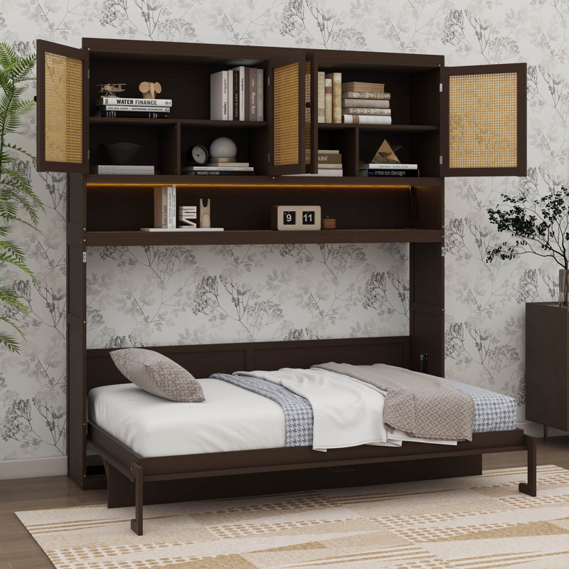 Lit escamotable compact avec rangement supérieur, structure pliable avec éclairage et connectivité USB, Espresso