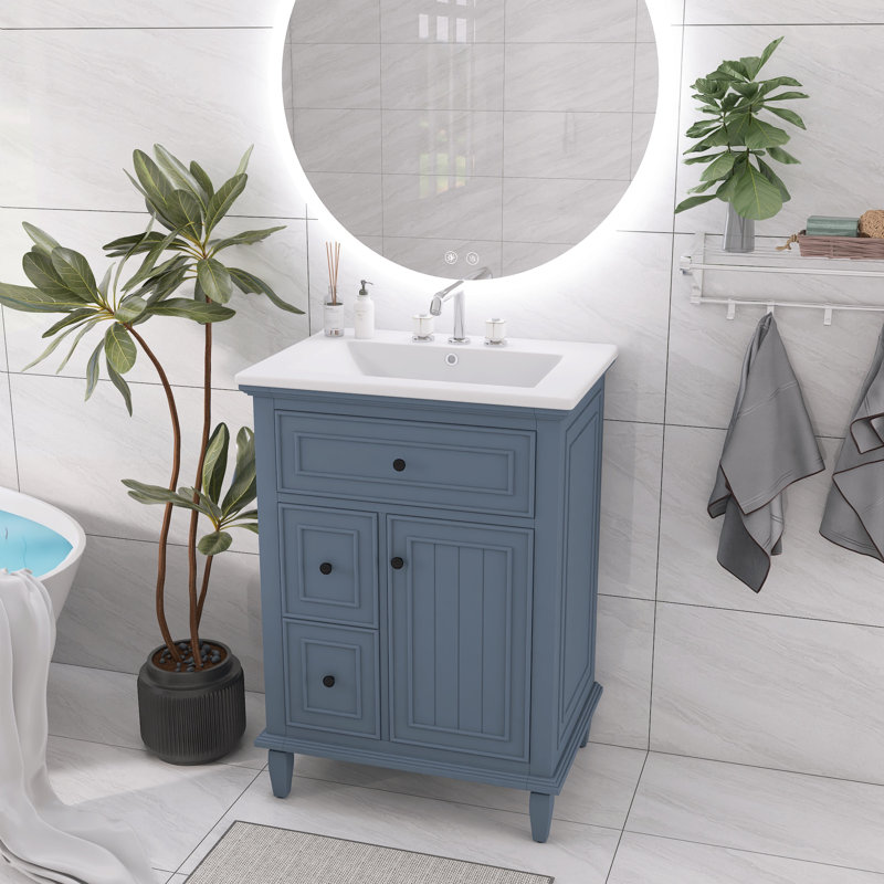 Ensemble de meuble-lavabo en bois massif et en bois massif avec 3 tiroirs et une tablette réglable, Bleu gris