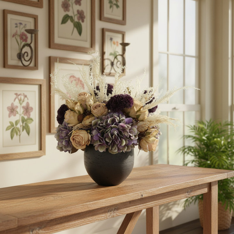 Arrangement d'automne avec roses séchées, hortensias et Sedum