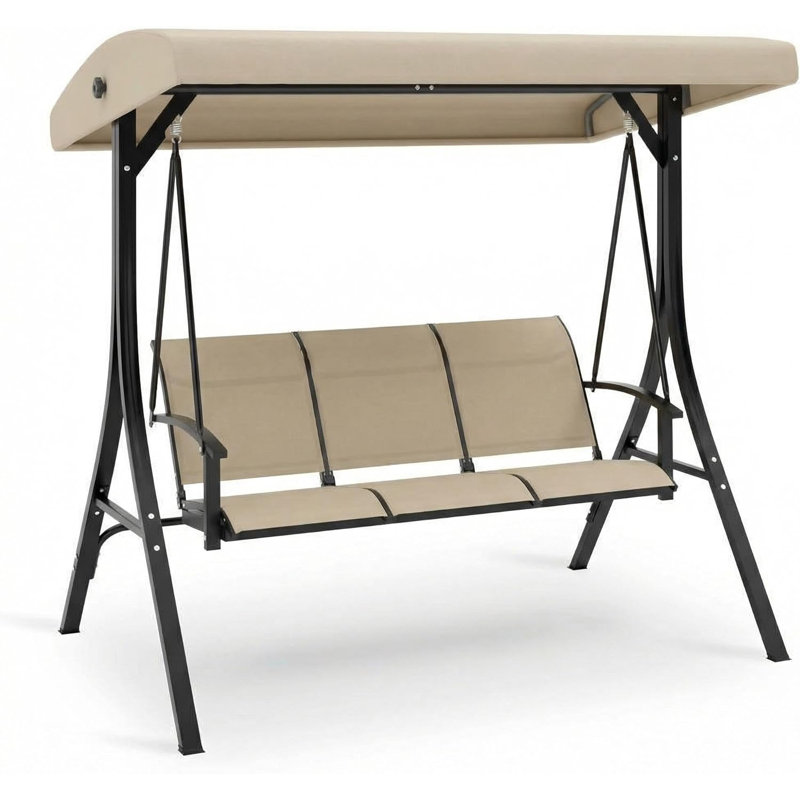 3-Seat Outdoor Patio Swing Chair, Porch Hanging Bench with Adjustable Canopy, Armrests, and Breathable Textilene Fabric for Garden, Backyard, Poolside, Beige