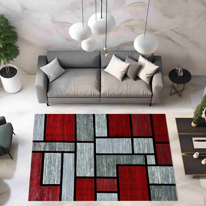 Tapis gris / rouge Mccampbell, Rectangle 6 pi 6 po x 9 pi 2 po