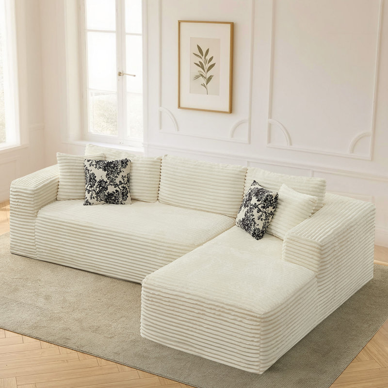 Modular 3-Seat Sectional Sofa With Chaise, Deep Seat Faux Fur Couch, No-Assembly Plush Lounge Sofa With Wide Armrests And 4 Decorative Pillows For Living Room Or Apartment