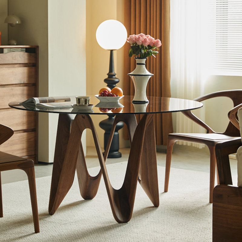 Table en verre trempé avec base en bois massif., H 29,53 po x L 51,18 po x l 51,18 po