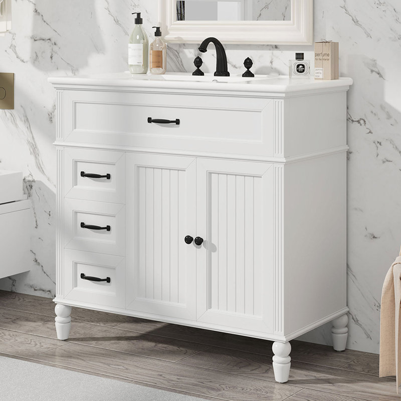 Armoire de salle de bain avec tiroirs et meuble-lavabo, Blanc