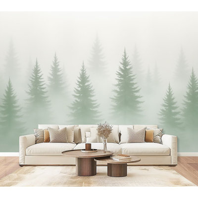 Peel and Stick Wallpaper Misty Evergreen Forest Landscape Soft Green Pine Trees Wall Murals 69"H x 96"W Removable PVC Wall Paper Self-Adhesive Wall Decor for Bedroom Living Room Nursery