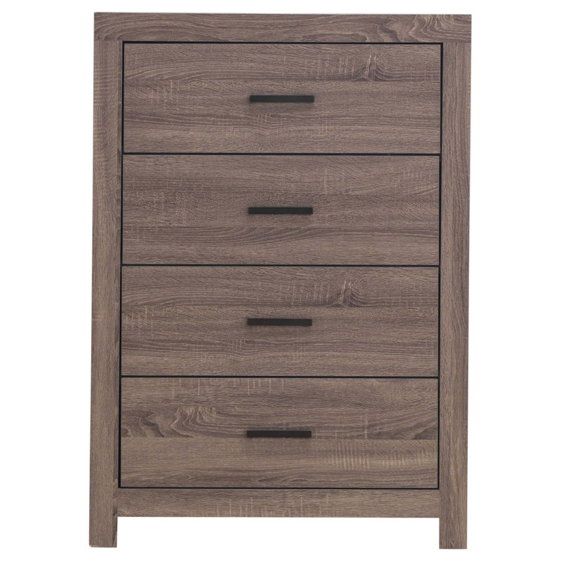 Commode rectangulaire à 4 tiroirs Geary Barrel avec rangement spacieux et finition chêne chaleureux, parfaite pour un décor rétro et moderne.