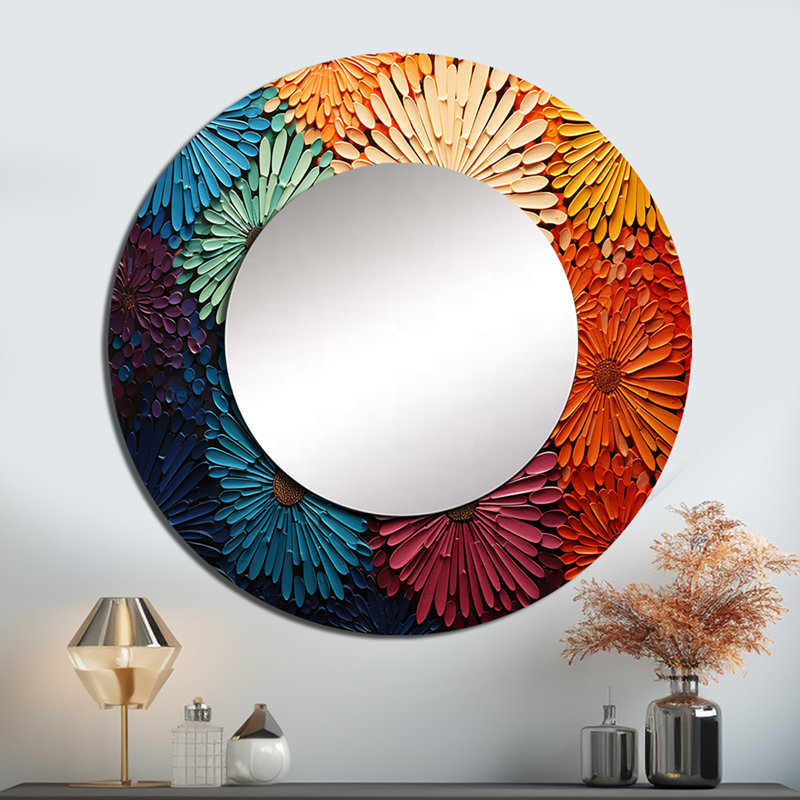 «Mid Century Sunburst Serenade III», miroir mural décoratif moderne Mid-Century, miroir rond moderne Mid-Century, impression sur métal