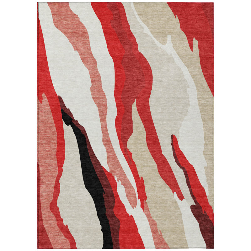 3' X 5' Red Abstract Washable Indoor Outdoor Area Rug