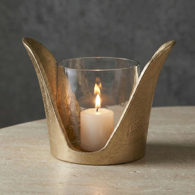 Handmade Aluminum Gold Tealight Candle Holder with Glass Hurricane