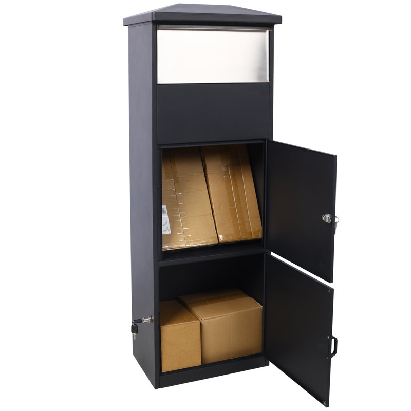 Floor Standing Package Drop Box 17" x 13.4" x 50.4" Galvanized Steel 1 Piece Mailbox Black Lockable with Weather-Resistant Coating