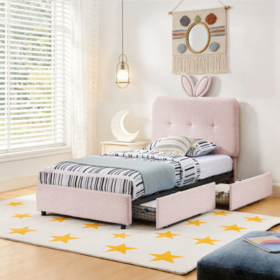Upholstered Bed Frame with LED Lights and Bunny Ear Headboard, Kids Boucle Platform Bed with 4 Storage Drawers, Weight Capacity 300 lbs, No Box Spring Needed, Pink, Twin