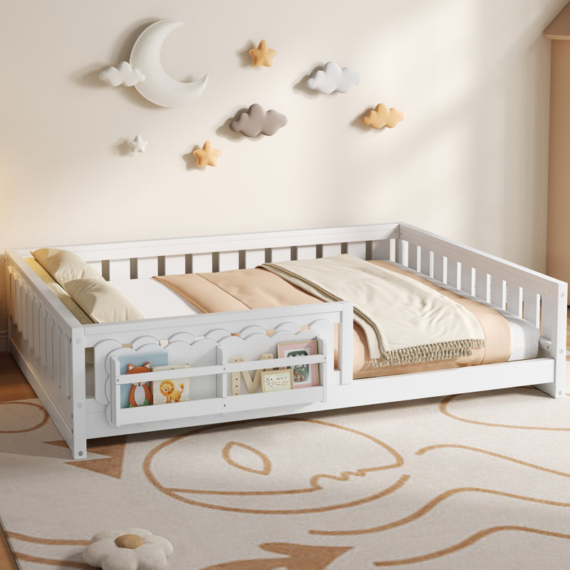Wood Full Size Platform Bed with Guardrail and Storage Shelves for Kids – Solid Pine Wood, Sturdy, No Box Spring, White, Full