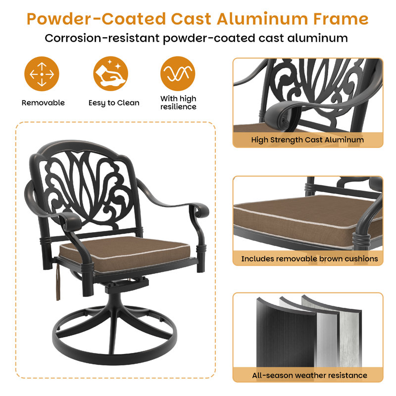 Outdoor Cast Aluminum Swivel Chair, 360° Swivel Function, with Random Color Cushion (Set of 2)
