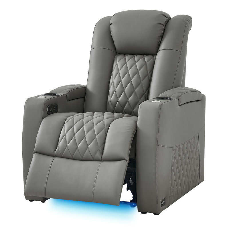Power Zero Gravity Top Grain Leather Home Theater Recliner Seating, Gray