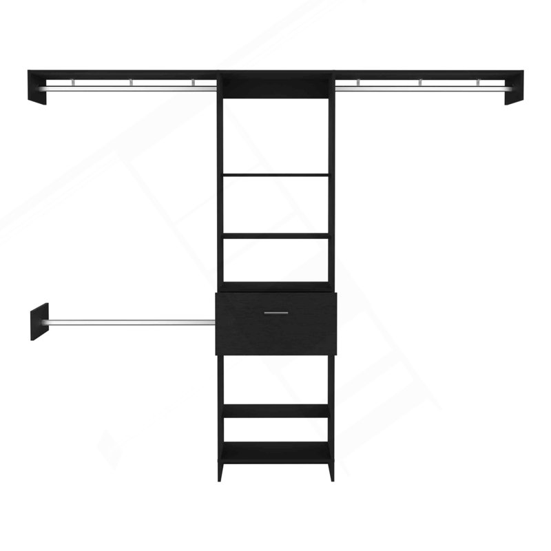 Closet System, One Drawer, Three Metal Rods, Five Open Shelves, Black