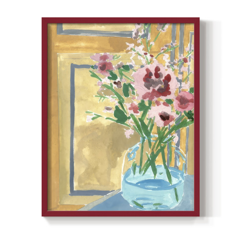 Fleurs en bouteille I, reproduction encadrée - bois massif, H 15 po x l 12 po, Rouge