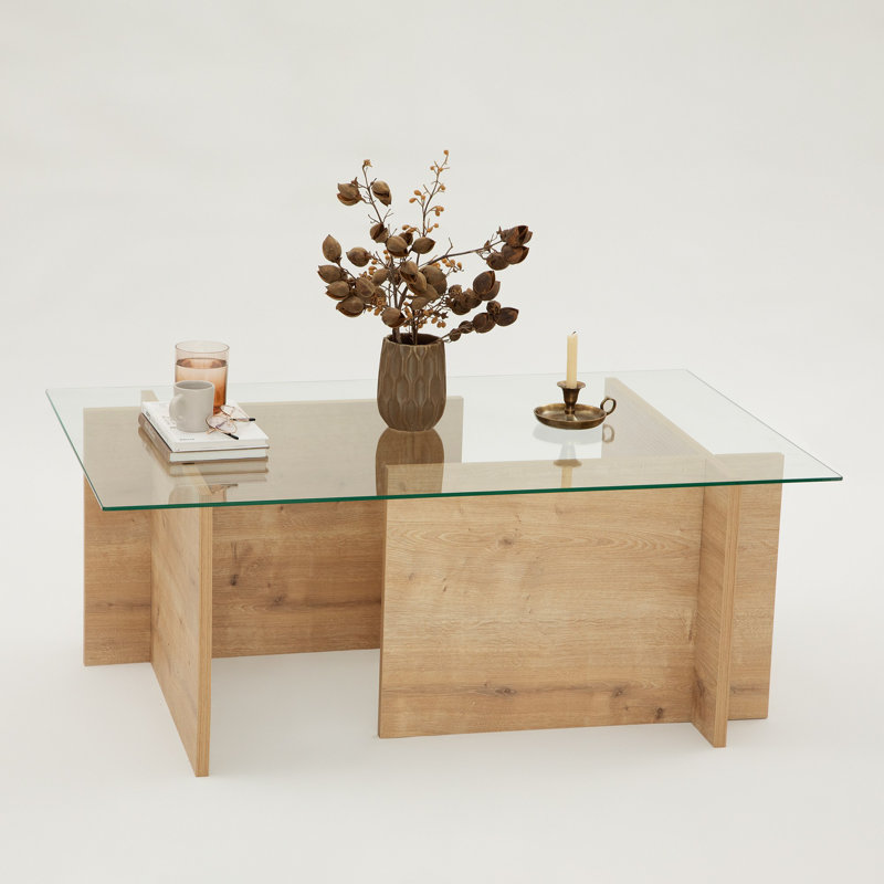 Table basse moderne, chêne saphir, 41,3 po x 15,7 po x 25,6 po | 100% plateau en verre trempé et 100% panneau de particules recouvert de mélamine | Design scandinave élégant pour le salon et les espaces contemporains