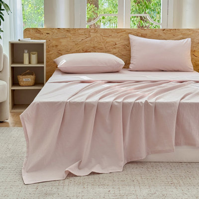 100% Washed Cotton Bedding Sheet Set 4 Pieces,1 Fitted Sheet,1 Flat Sheet and 2 Pillowcases,Comfy Textured Sheet Set