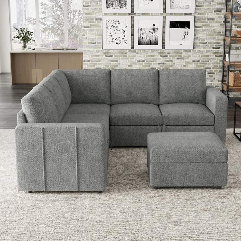 Ensemble de canapé modulaire en L Aubade, Chenille gris pâle
