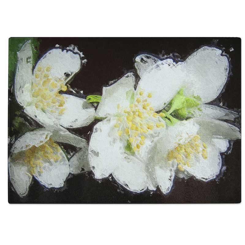 Tempered Glass White Jasmine Flowers Chopping Board, 28.5 cm W x 20 cm L