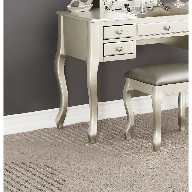 Meuble-lavabo contemporain en argent avec tabouret de siège à coussin, placage de peuplier, largeur de 18 po et miroir moderne en bois d'hévéa ouvert d'une hauteur de 39 po pour projet de transformation