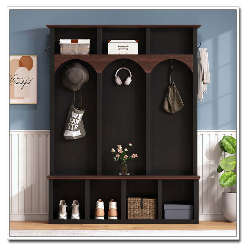 Farmhouse Wooden Style Hall Tree with Arched Design, Black