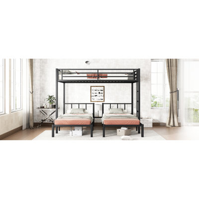 Metal Triple Bunk Bed Twin Over & Queen Black Noise Reduced Detachable With Guardrails Exchange And Shelf For Holding Items Space - Saving Protective Storing Personal Gadgets