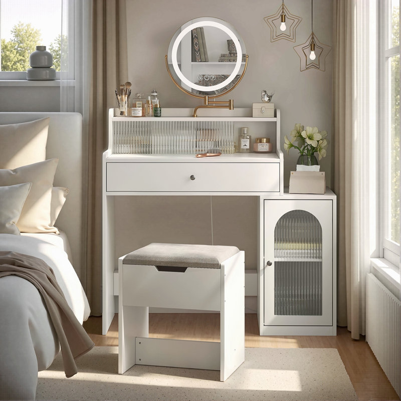 Bureau de coiffeuse blanc avec miroir pivotant à 360 ° et lumières réglables, coiffeuse pour filles avec fauteuil de rangement et armoire d'appoint avec portes en verre Waveform, coiffeuse avec tiroir pour la chambre à coucher