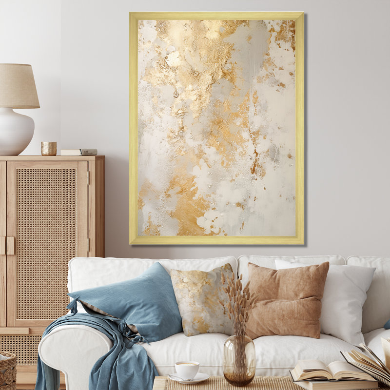 Fizzs beige et or fantaisie - art mural abstrait, H 40 po x l 30 po x P 1,5 po, Cadre doré simple