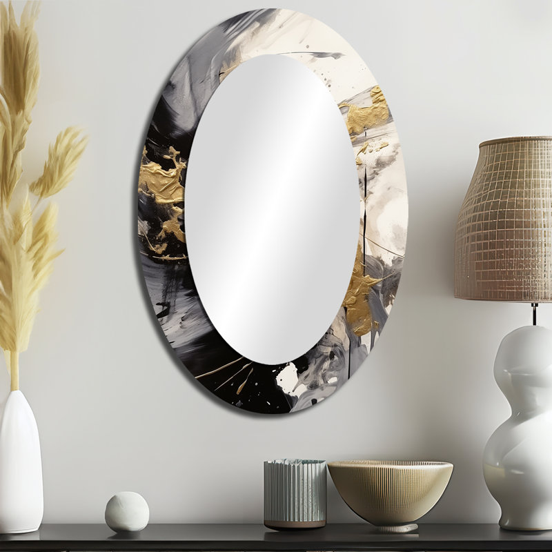 Gold And Grey Fluid Fusion IV - Gold Oval Wall Mirror Decor, 36" x 24"