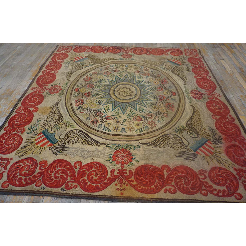 Antique American Hooked Wool & Cotton Ivory Rug