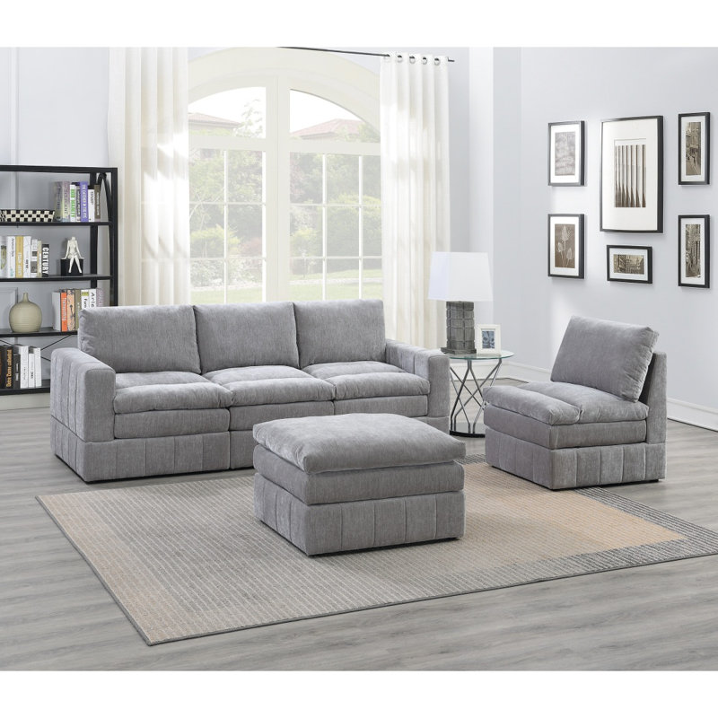 Contemporary Modular Sectiona Set Furniture Corner Sectional, Grey Fabric