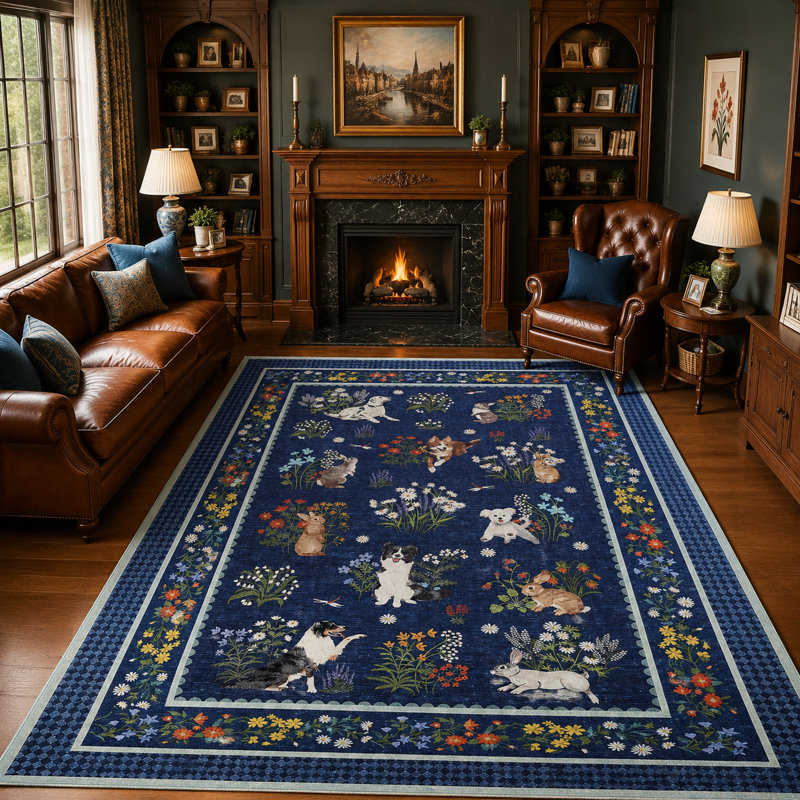 Tapis lavable à la machine Whimsical, Bleu, 9 x 12 pi