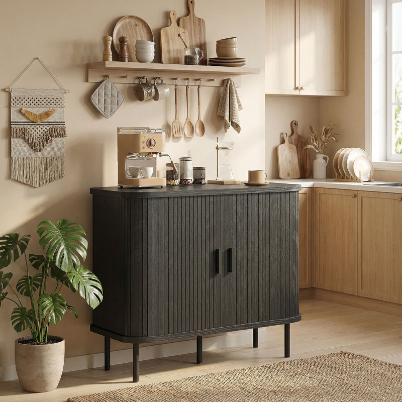 Buffet, armoire de rangement à lattes, noir