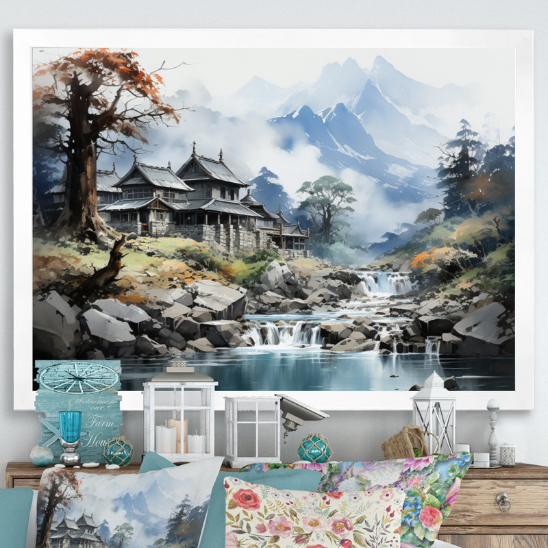 Bernest China Art Misty Mountain sur toile, H 34 po x l 44 po x P 1,5 po, Cadre simple blanc