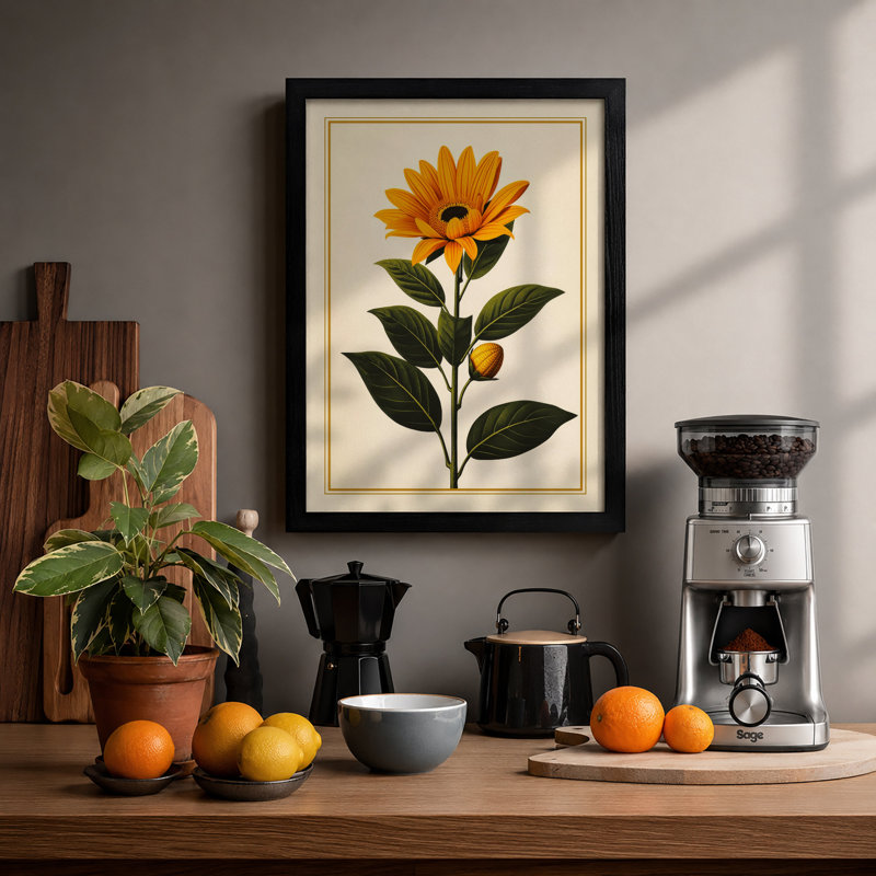 Single Sunflower Study Botanical - Print, A2 - 59.4 x 42.0 cm, Black
