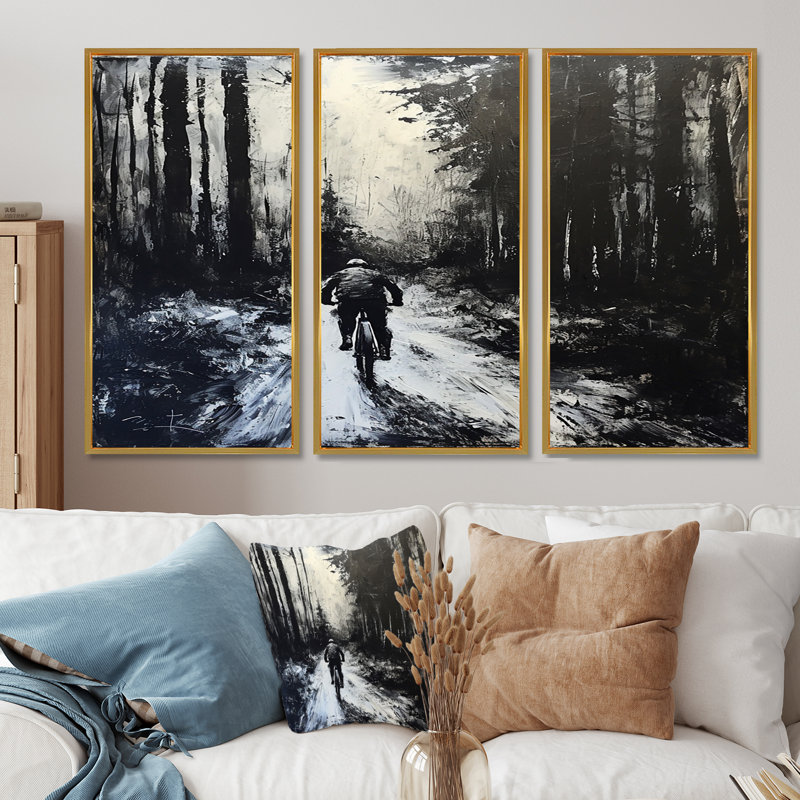 «Biking In The Winter Woods» - Ensemble de décorations murales vélo, Cadre flottant doré, H 40 po x l 60 po x P 1 po