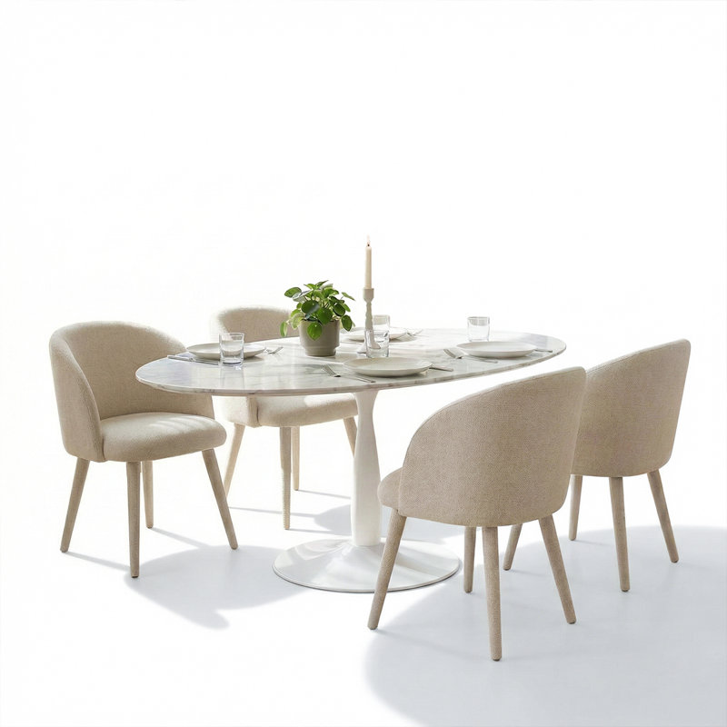 5-Piece Oval Faux Marble Dining Set With 4 Upholstered Dining Chairs For Kitchen And Dining Room, White