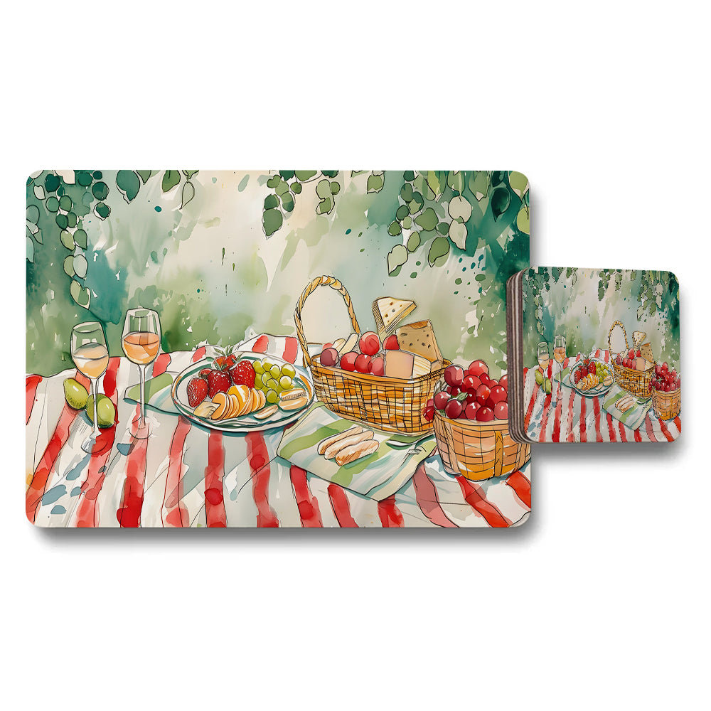 Watercolor Picnic Placemat And Coaster Set With Fruit Basket