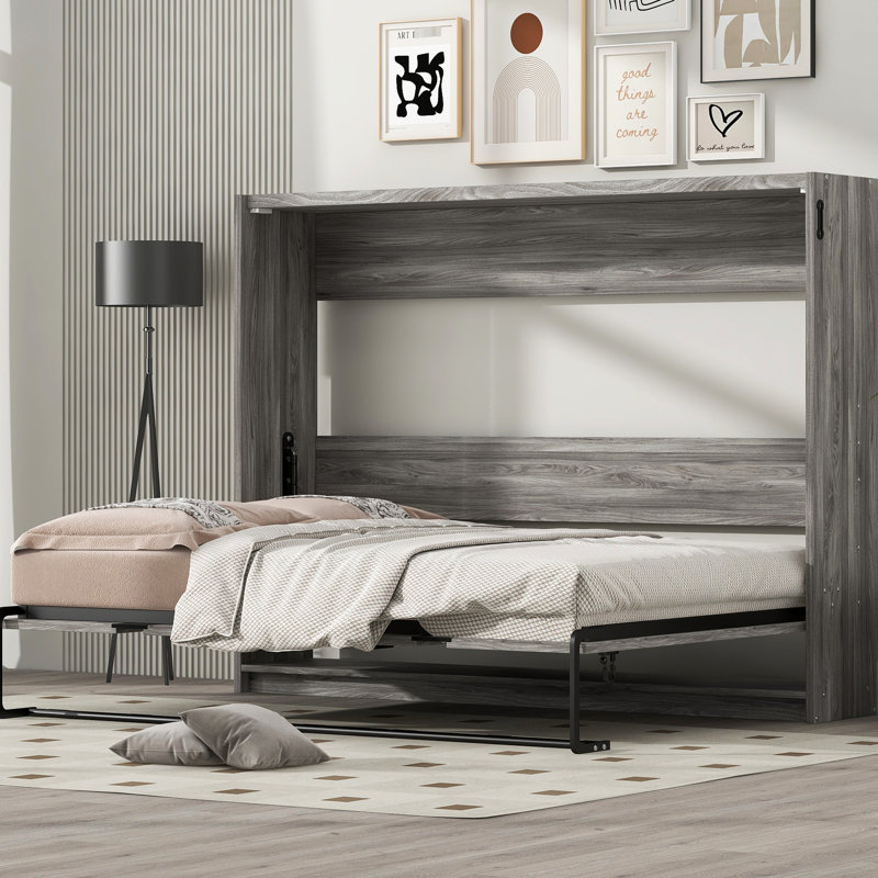 Lit double gris se transformant en armoire, solution peu encombrante avec des lattes de pin, une structure en métal, un assemblage facile et une structure stable