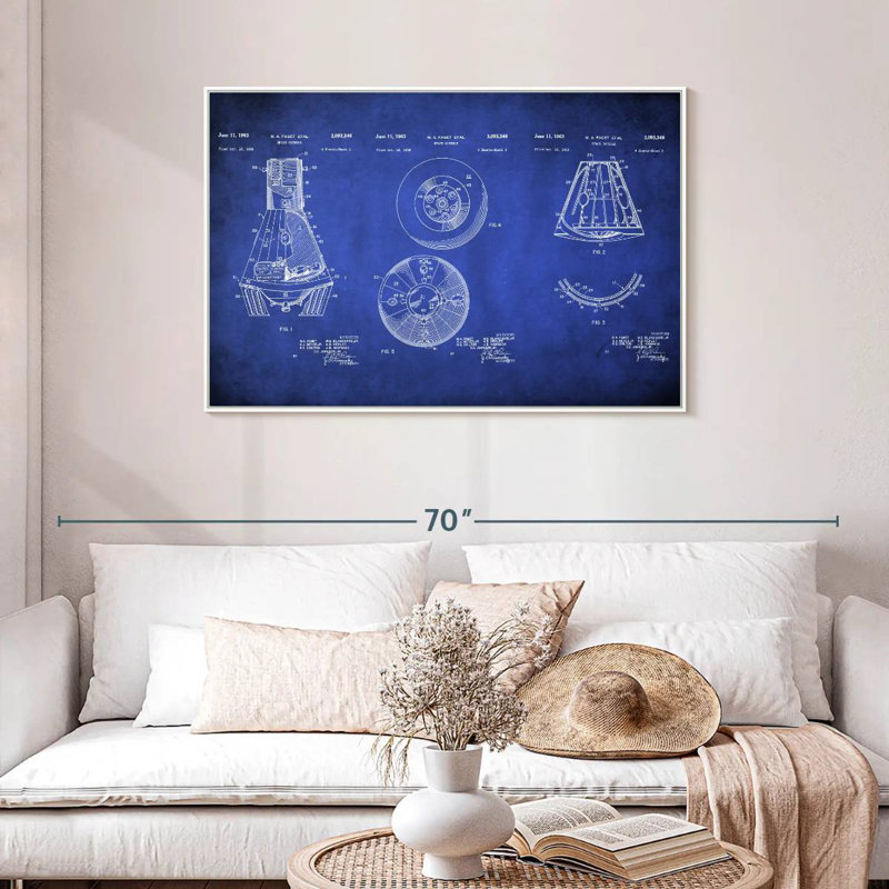 Space Capsule - bleu verni, Cadre flottant blanc, 43 po x 29 po