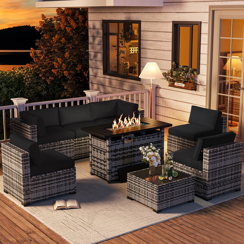 6-Person Wicker Patio Conversation Set With 44" Fire Pit Table, Coffee Table & Cushions, Gray, Black