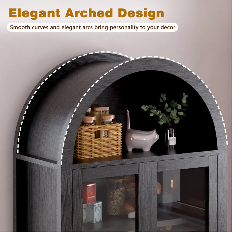 Grand garde-manger arqué cannelé de 71 po avec tablettes réglables, rangement élégant avec tiroir caché et porte vitrée pour la cuisine, le salon, la salle à manger, noir