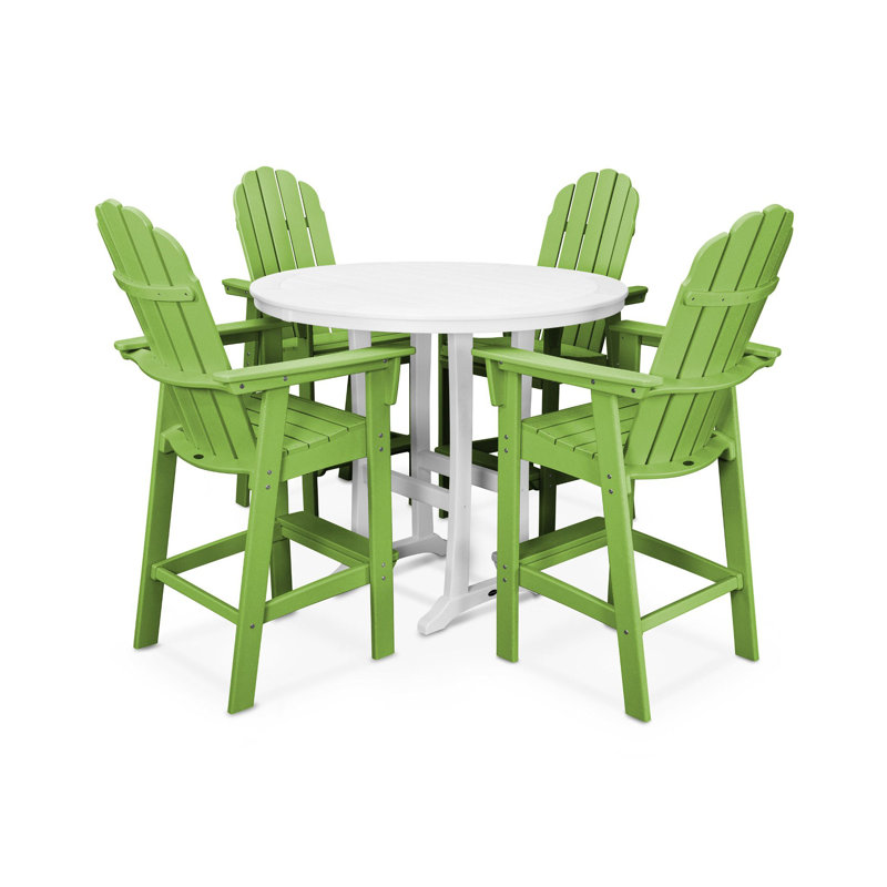 POLYWOOD Vineyard Curveback Adirondack 5-Piece Nautical Trestle Bar Set, Lime/White