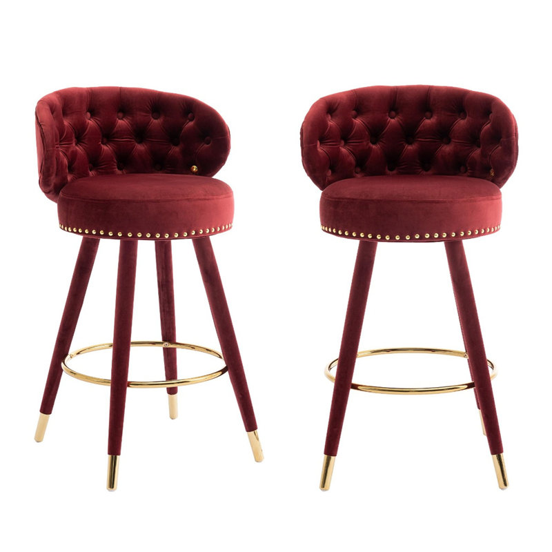 Upholstered Counter Height Bar Stools With Tufted Back, Wine Red