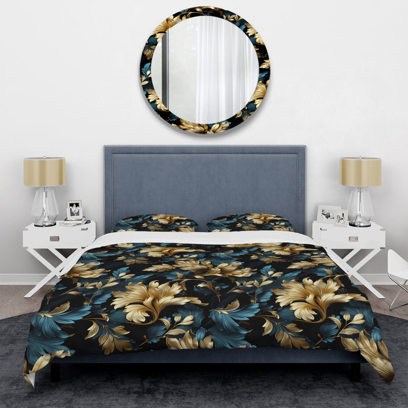 Ensemble de housse de couette damassé bleu foncé et doré Techno, Housse de couette pour grand lit et 2 taies décor