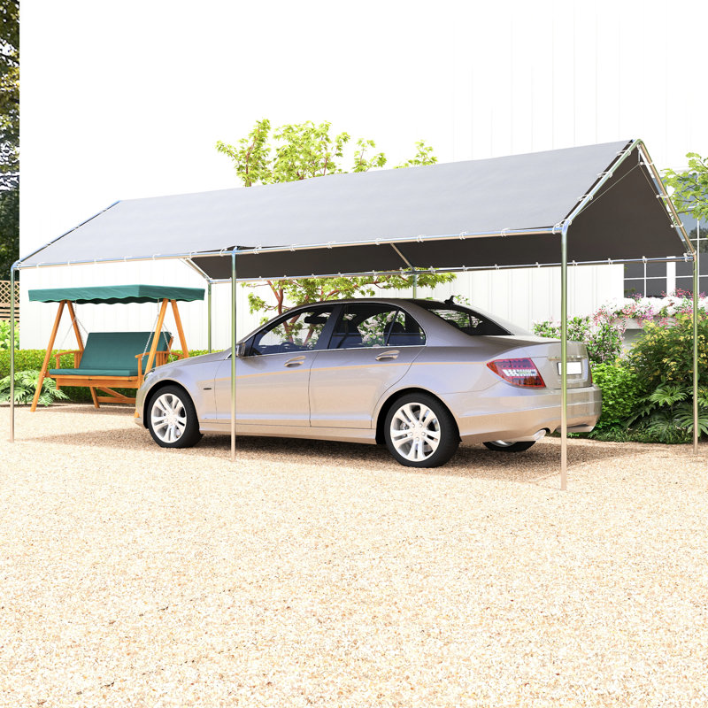 Abri d'auto robuste 10 pi x 20 pi, acier galvanisé gris avec trousse d'ancrage, 3 câbles spacieux, abri d'auto avec structure résistante aux intempéries, acier, trousse incluse, résistance