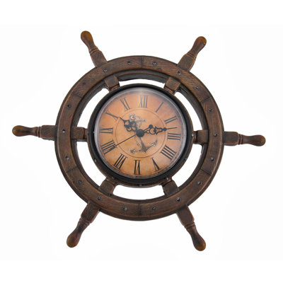 Charlton Nautical Vintage Ship Wheel Wall Clock in Brown Wood-Look Resin with Anchor Face and Quartz Movement — 11.5 Inches
