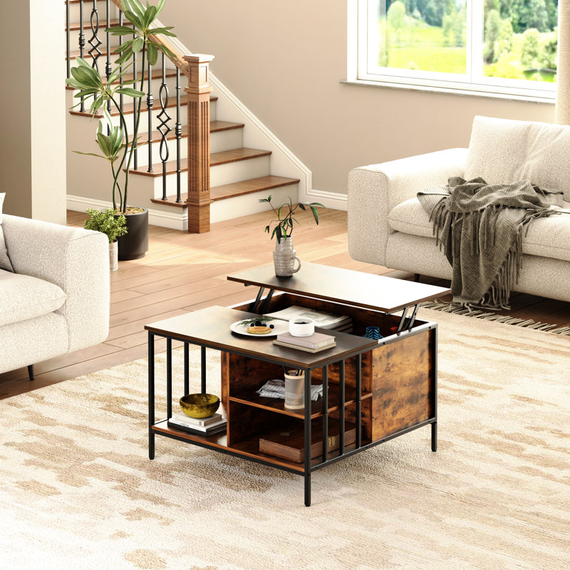 Table basse à plateau relevable avec style, hauteur réglable de 31,5 po, compartiment caché pour consoles de jeux, 3 livres à tablettes ouvertes, capacité de 110 lb, table carrée à assemblage rapide, couvertures de rangement et collations,