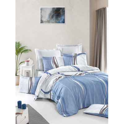 Luxurious Satin Quilt Cover Set, 100% Cotton, 210 Thread Count | Includes 1 Pillowcase (24 x 24) | Machine Washable, Elegant White, Blue & Brown Design, Button Closure for Duvet